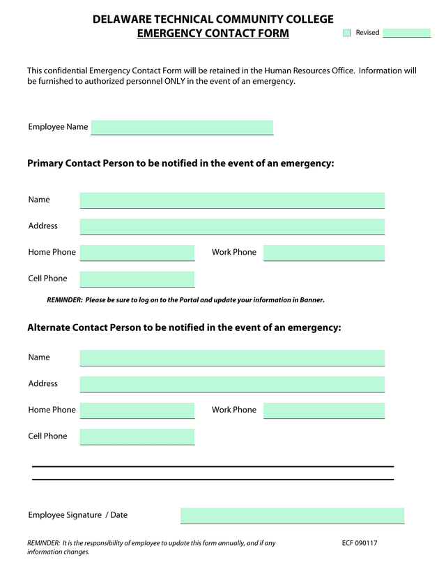 Delaware Technical Community College Emergency Contact Form screenshot