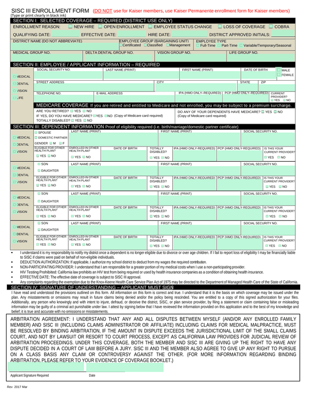 District Employee Benefits Enrollment Form screenshot