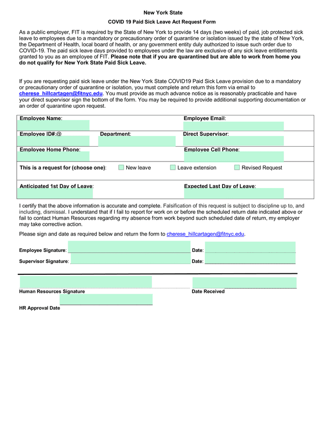 COVID 19 Paid Sick Leave Act Request Form screenshot