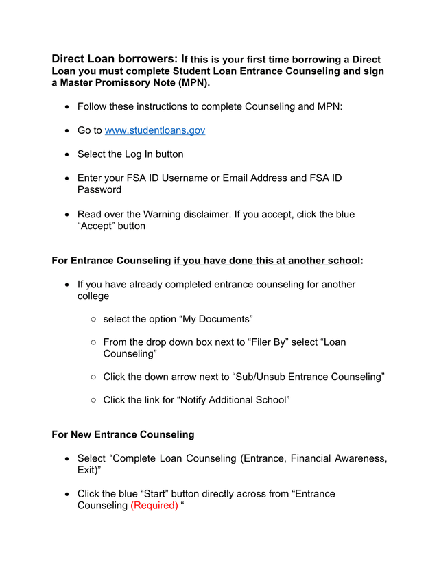 Direct Loan Entrance Counseling And Master Promissory Note Instructions screenshot