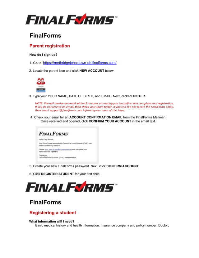 FinalForms Parent Registration screenshot