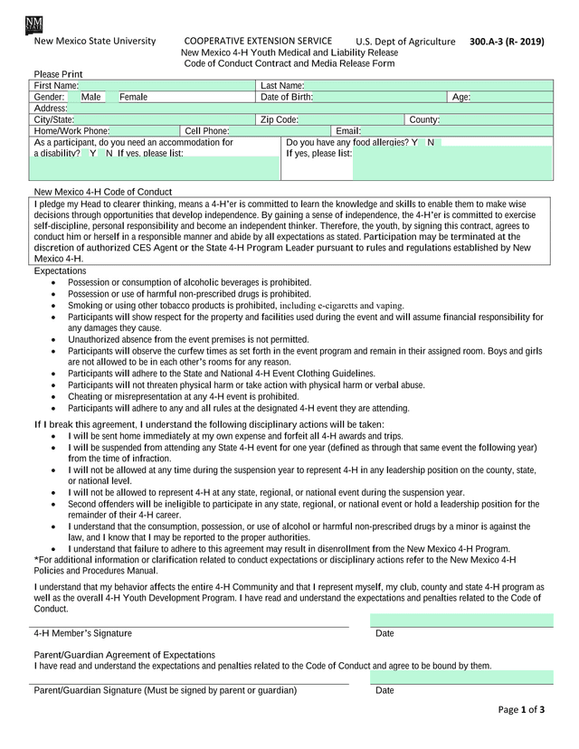 New Mexico 4 H Youth Medical And Liability Release Code Of Conduct Contract And Media Release Form screenshot