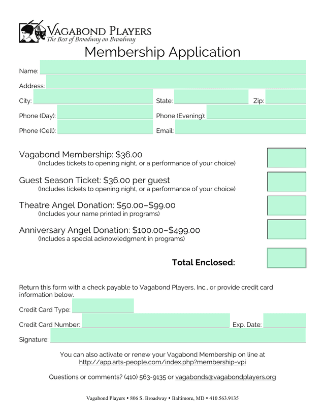 Vagabond Players Membership Application screenshot