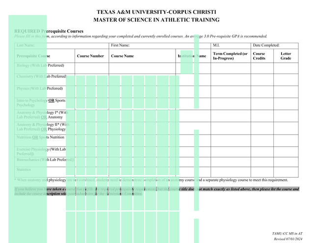 TEXAS AM UNIVERSITY CORPUS CHRISTI MASTER OF SCIENCE IN ATHLETIC TRAINING PREREQUISITE COURSES screenshot