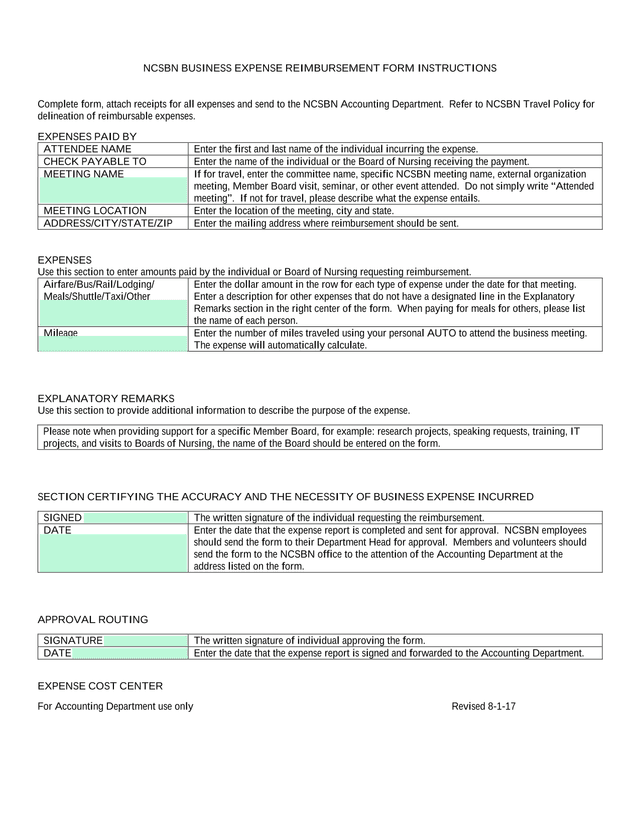 NCSBN Business Expense Reimbursement Form Instructions screenshot