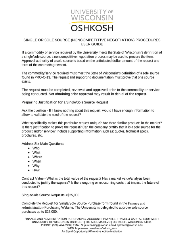 Single Or Sole Source (Noncompetitive Negotiation) Procedures User Guide screenshot