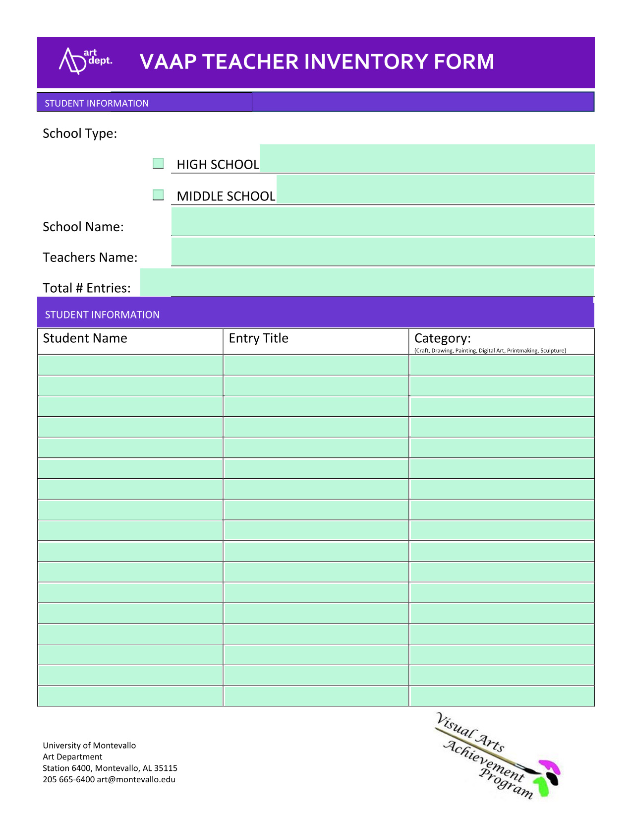 VAAP Teacher Inventory Form screenshot
