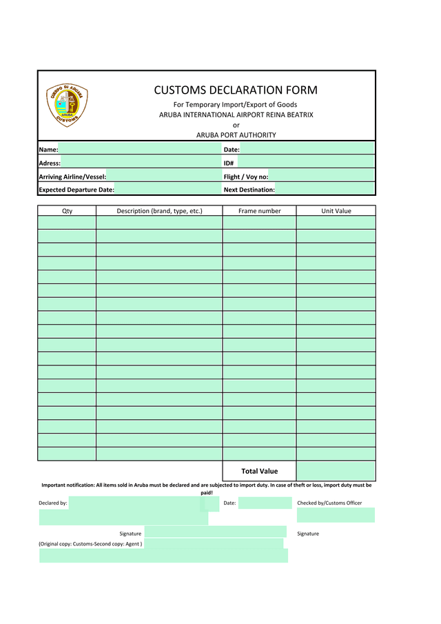 CUSTOMS DECLARATION FORM screenshot