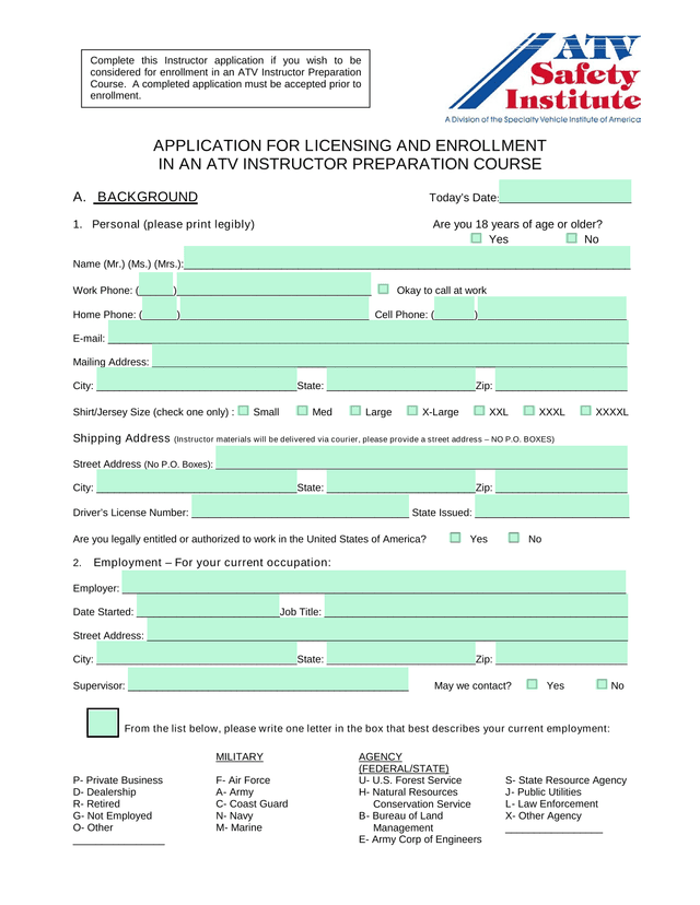 APPLICATION FOR LICENSING AND ENROLLMENT IN AN ATV INSTRUCTOR PREPARATION COURSE screenshot