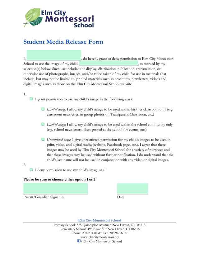Student Media Release Form screenshot