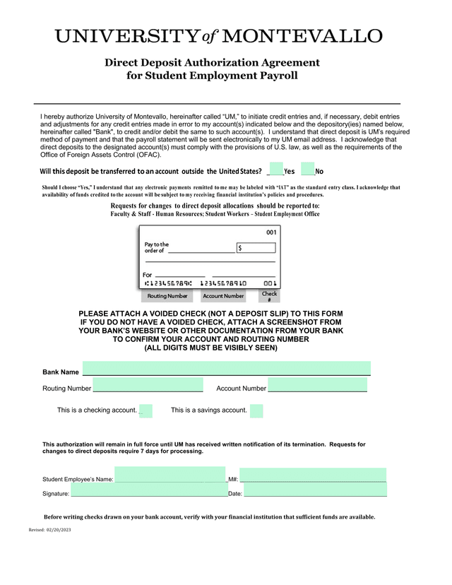 Direct Deposit Authorization Agreement For Student Employment Payroll screenshot