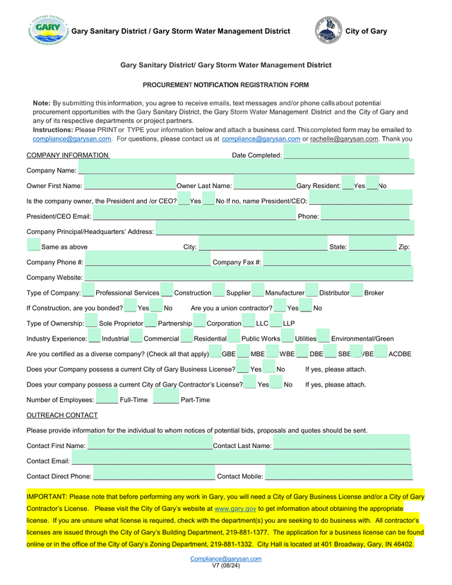Procurement Notification Registration Form screenshot