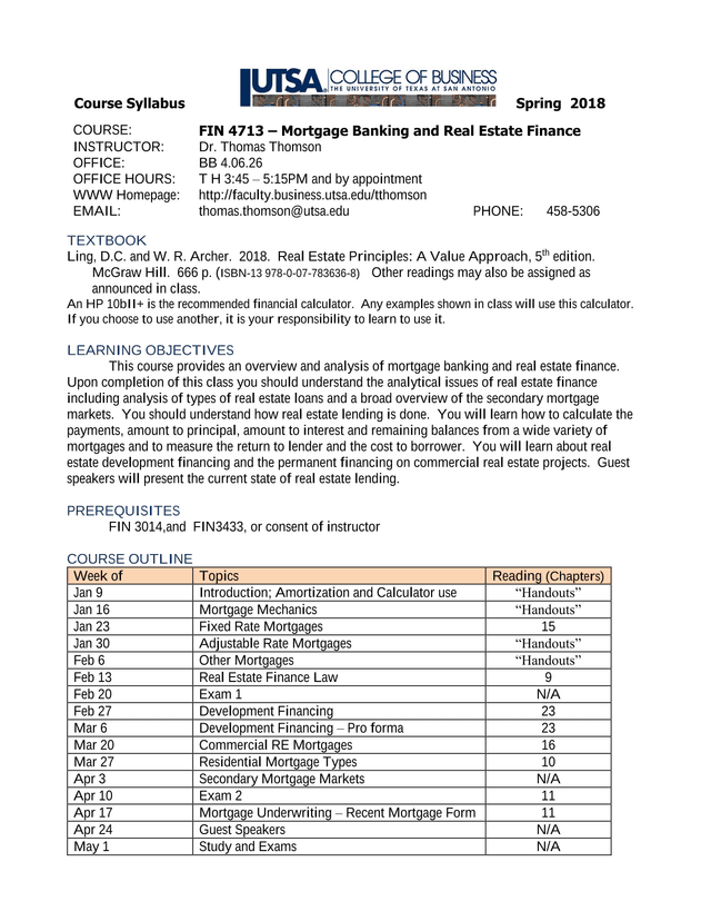 Course Syllabus   FIN 4713 Mortgage Banking And Real Estate Finance screenshot