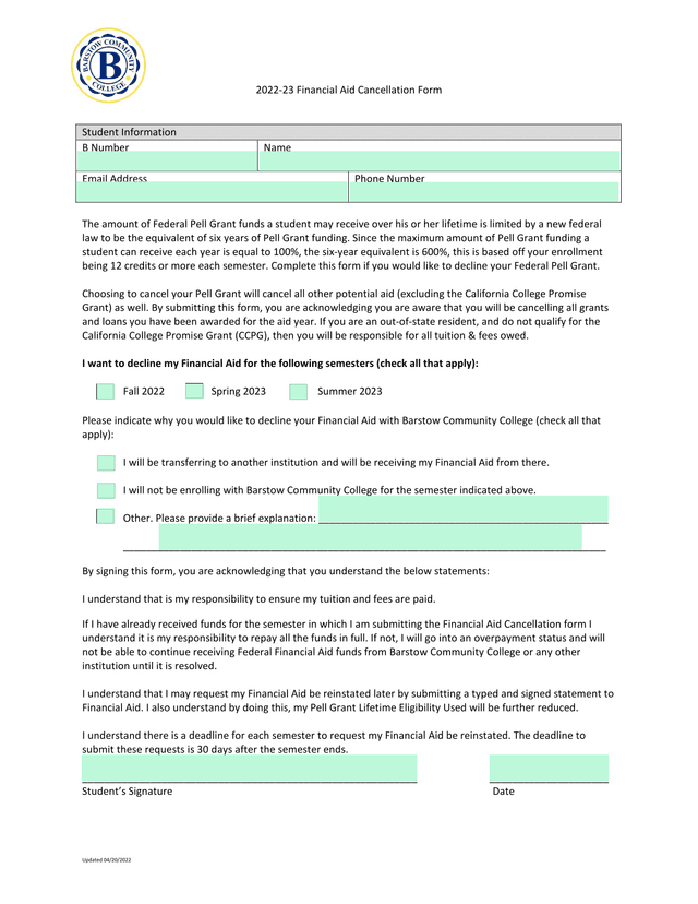 2022 23 Financial Aid Cancellation Form screenshot