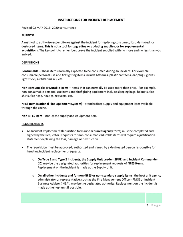 INSTRUCTIONS FOR INCIDENT REPLACEMENT screenshot