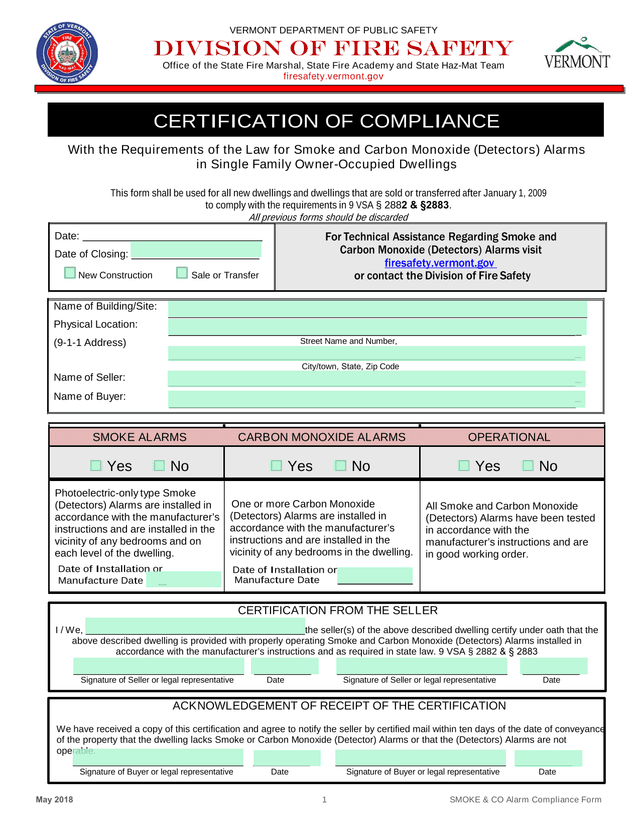 Certification Of Compliance   Smoke And Carbon Monoxide Alarms screenshot