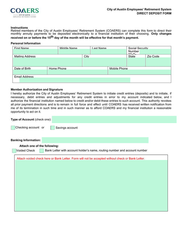 City Of Austin Employees Retirement System Direct Deposit Form screenshot