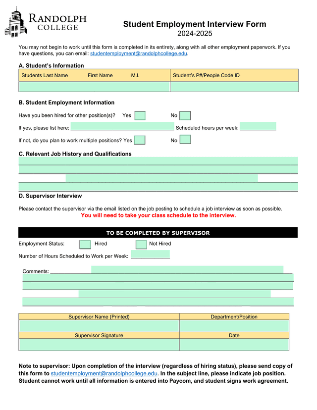 Student Employment Interview Form 2024 2025 screenshot