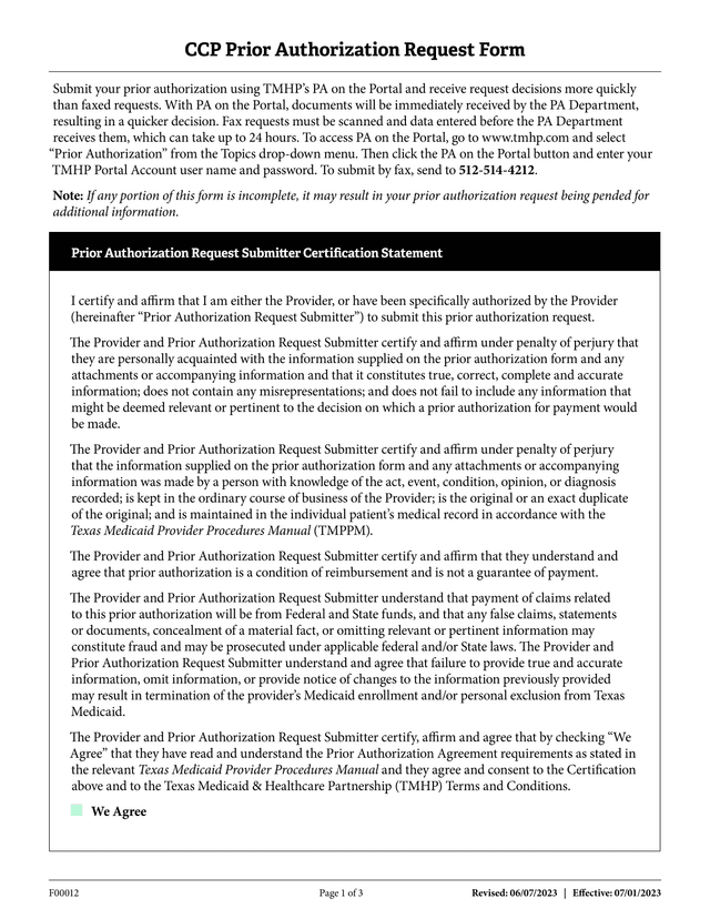 CCP Prior Authorization Request Form screenshot