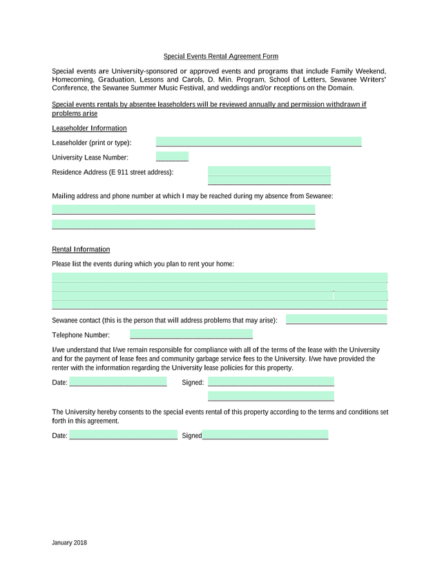 Special Events Rental Agreement Form screenshot