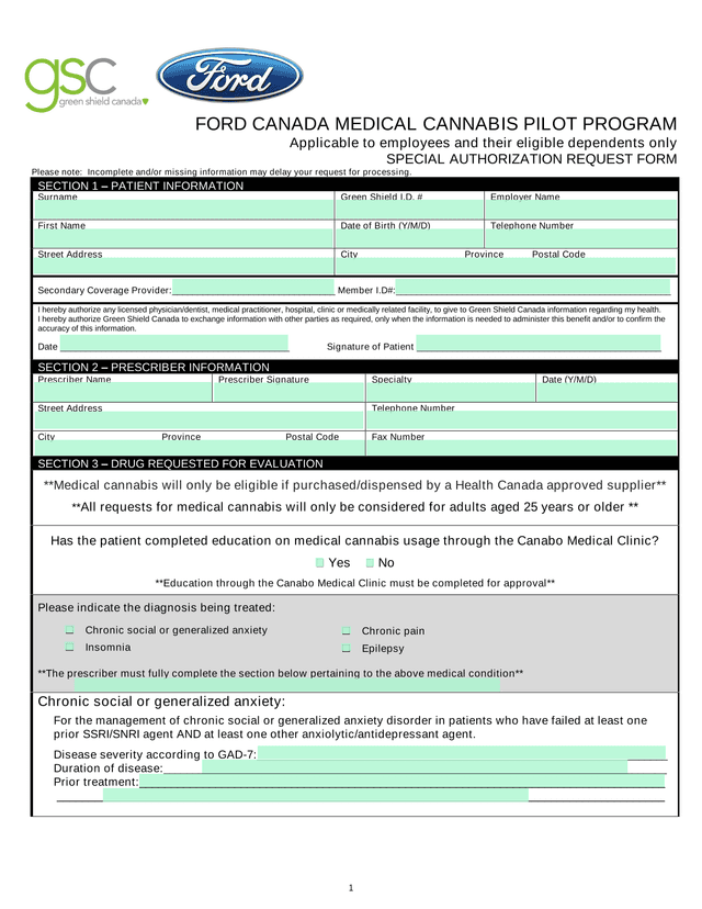 Ford Canada Medical Cannabis Pilot Program Special Authorization Request Form screenshot