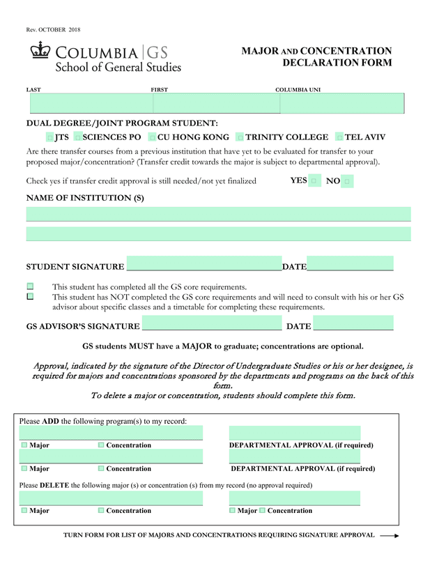 Major And Concentration Declaration Form screenshot