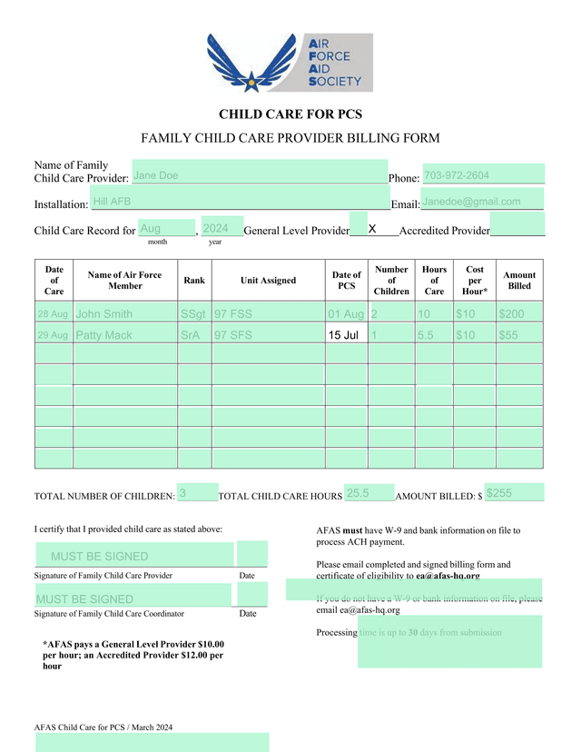 Child Care For PCS Family Child Care Provider Billing Form screenshot