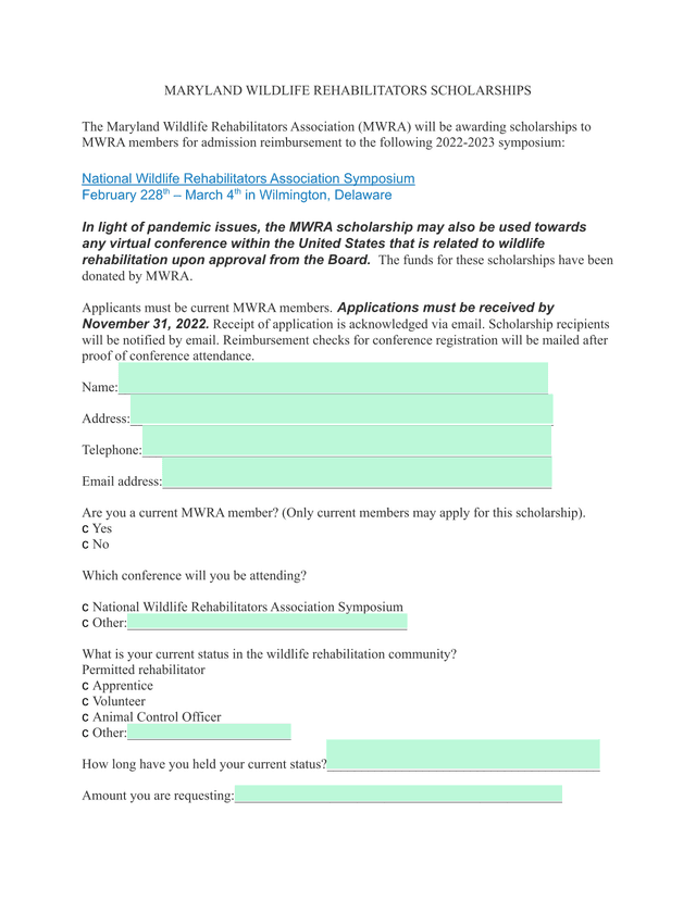 Maryland Wildlife Rehabilitators Scholarships screenshot