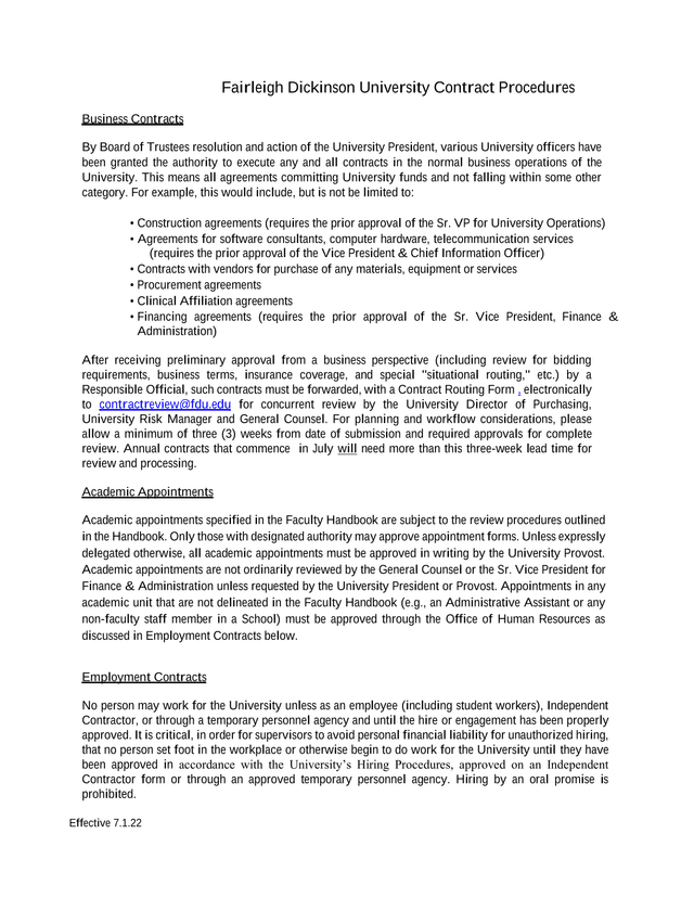 Fairleigh Dickinson University Contract Procedures screenshot