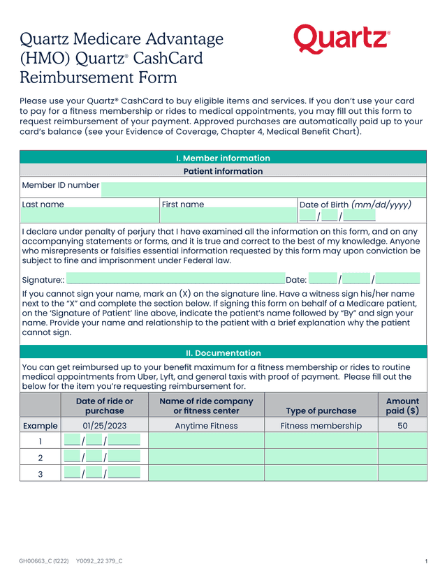 Quartz Medicare Advantage (HMO) Quartz CashCard Reimbursement Form screenshot