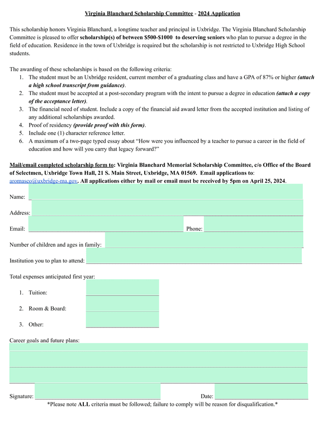Virginia Blanchard Scholarship Committee   2024 Application screenshot