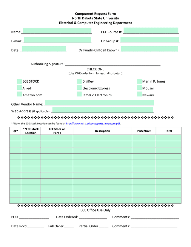 Component Request Form screenshot