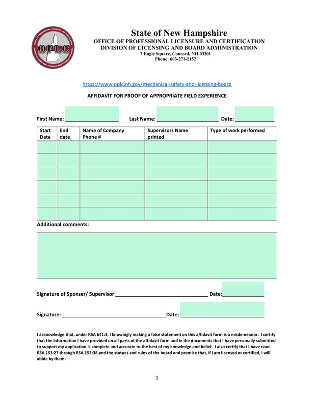 Affidavit For Proof Of Appropriate Field Experience screenshot