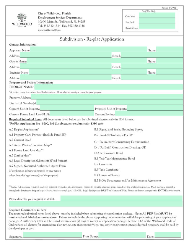 Subdivision   Re Plat Application screenshot