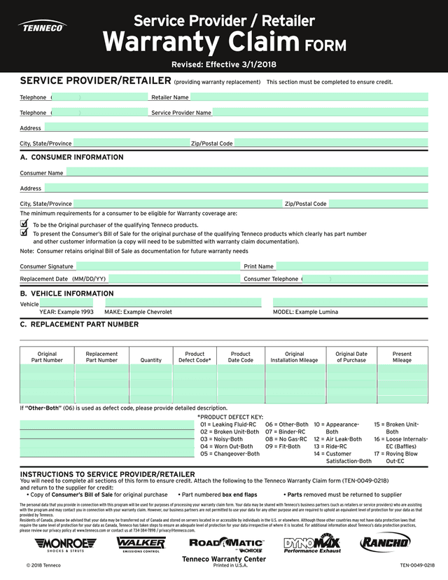 Warranty Claim FORM screenshot
