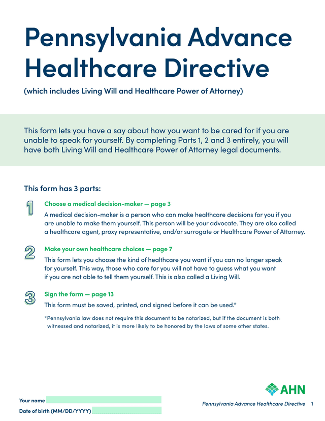 Pennsylvania Advance Healthcare Directive screenshot