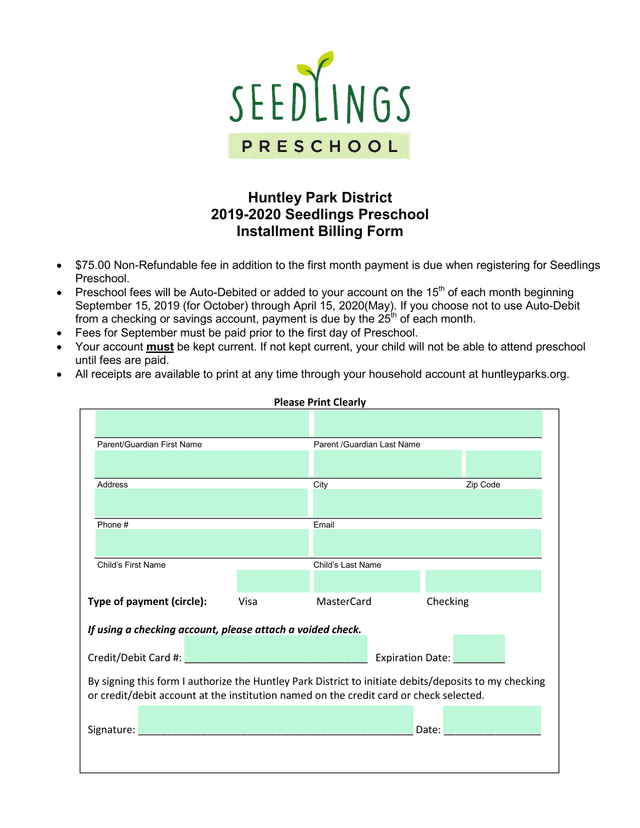 Seedlings Preschool Installment Billing Form screenshot