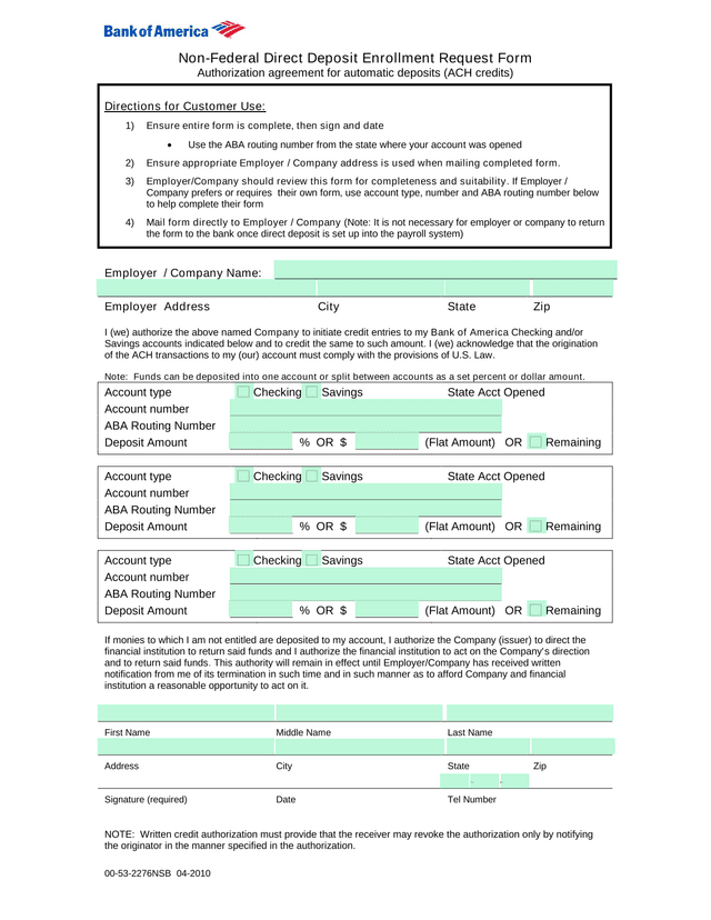 Non Federal Direct Deposit Enrollment Request Form screenshot