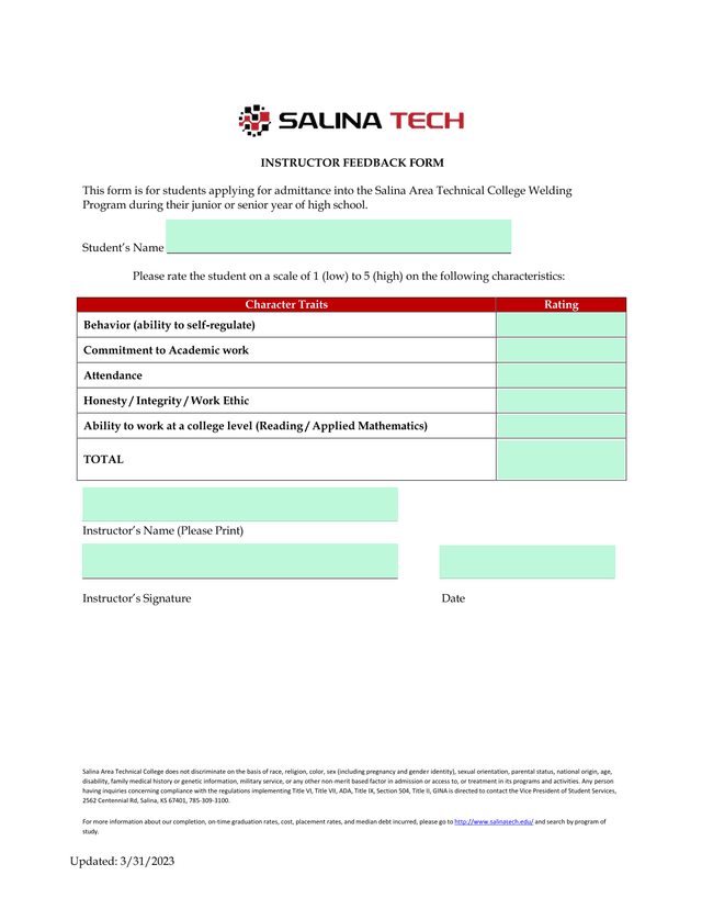 Instructor Feedback Form screenshot