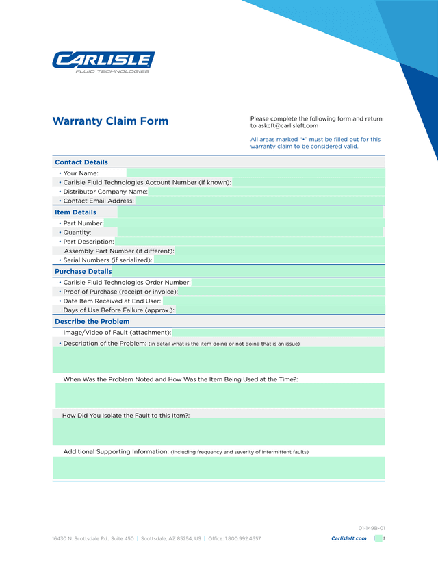 Warranty Claim Form screenshot