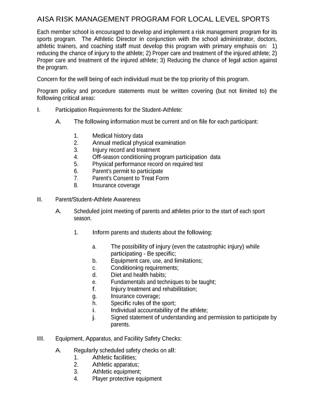 AISA Risk Management Program For Local Level Sports screenshot
