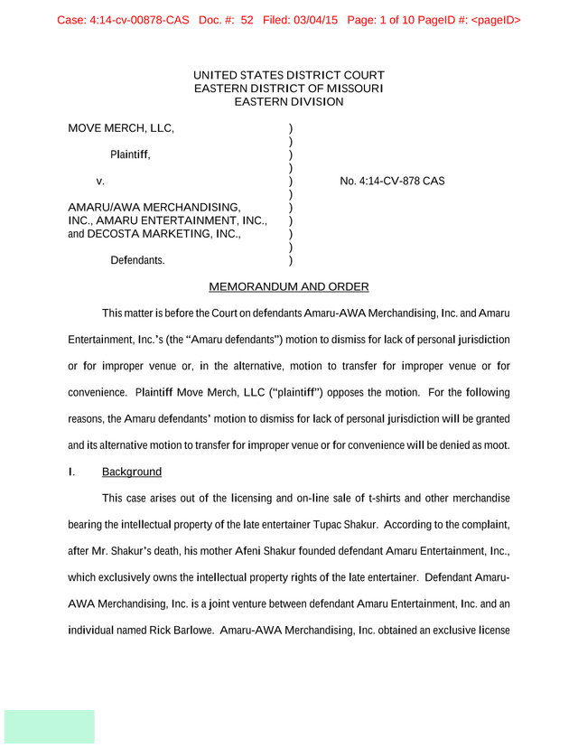 Memorandum And Order In Move Merch, LLC V. AmaruAWA Merchandising, Inc. Et Al. screenshot