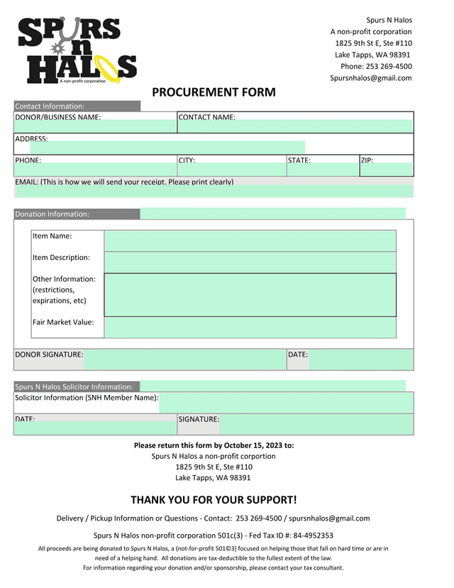 Spurs N Halos Procurement Form screenshot