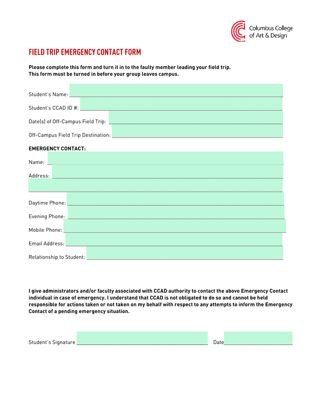FIELD TRIP EMERGENCY CONTACT FORM screenshot