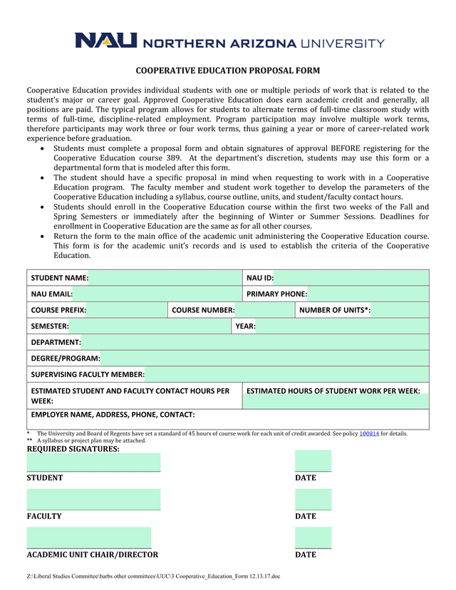 Cooperative Education Proposal Form screenshot