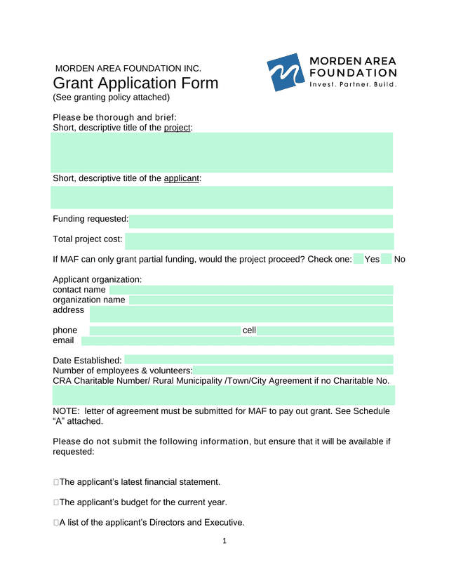 Morden Area Foundation Grant Application Form screenshot