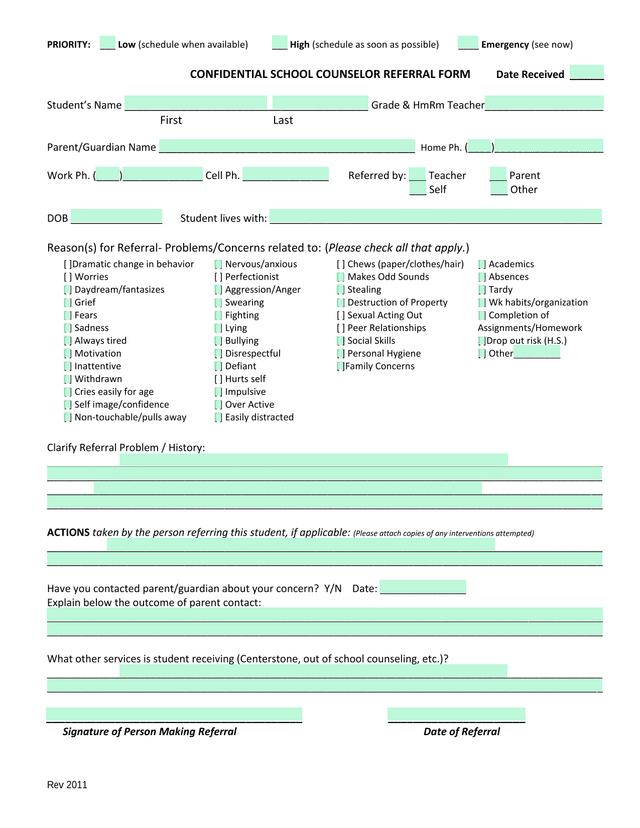 Confidential School Counselor Referral Form screenshot