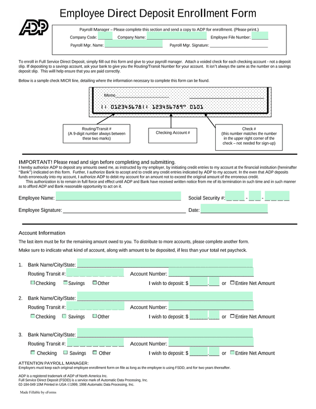 Employee Direct Deposit Enrollment Form screenshot