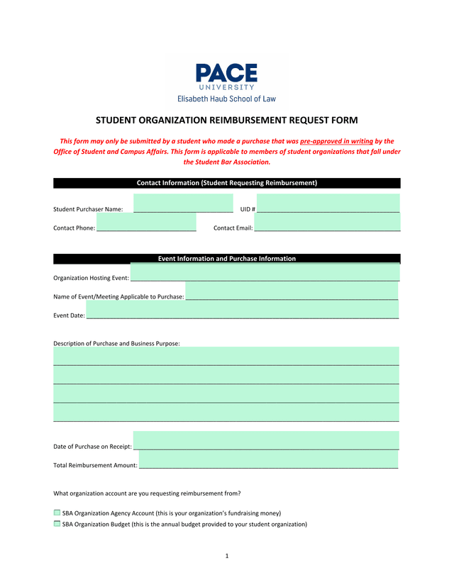 STUDENT ORGANIZATION REIMBURSEMENT REQUEST FORM screenshot