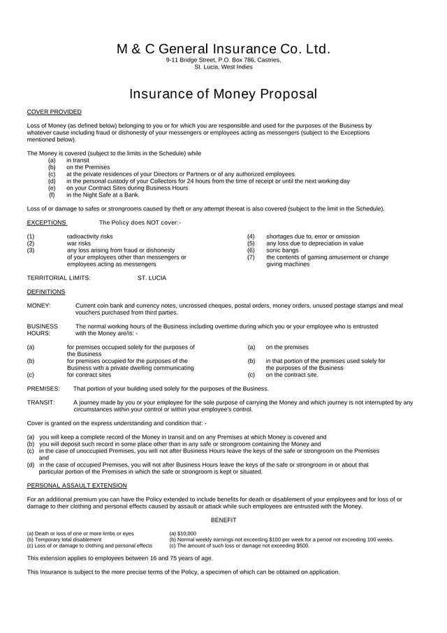 Insurance Of Money Proposal screenshot